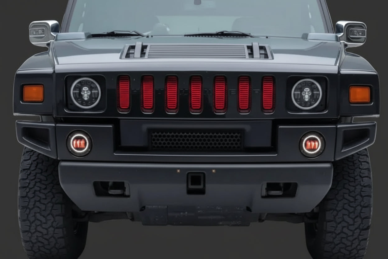 Front view of a black Hummer with red grille accents on a gray background