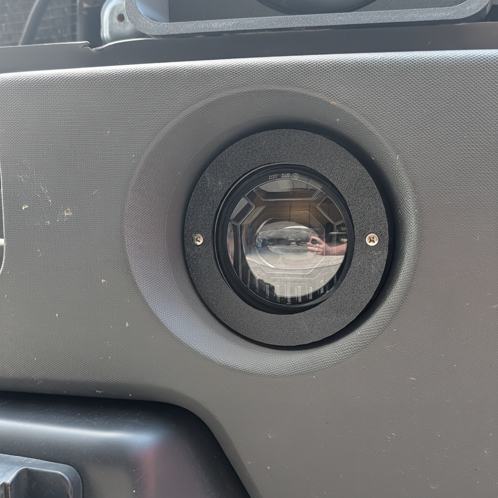 3D-printed fog light mount installed on Jeep Wrangler door panel